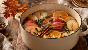 Autumn simmer pot recipes with apples, oranges, cinnamon and rosemary.