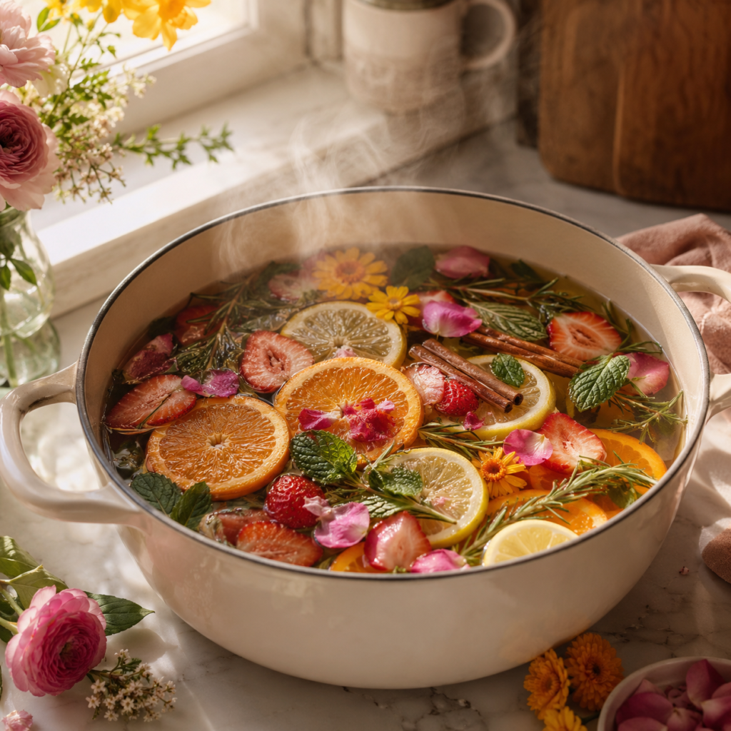 Beltane simmer pot recipe with citrus, berries and flowers.