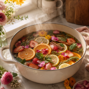 Beltane simmer pot recipe with citrus, berries and flowers.