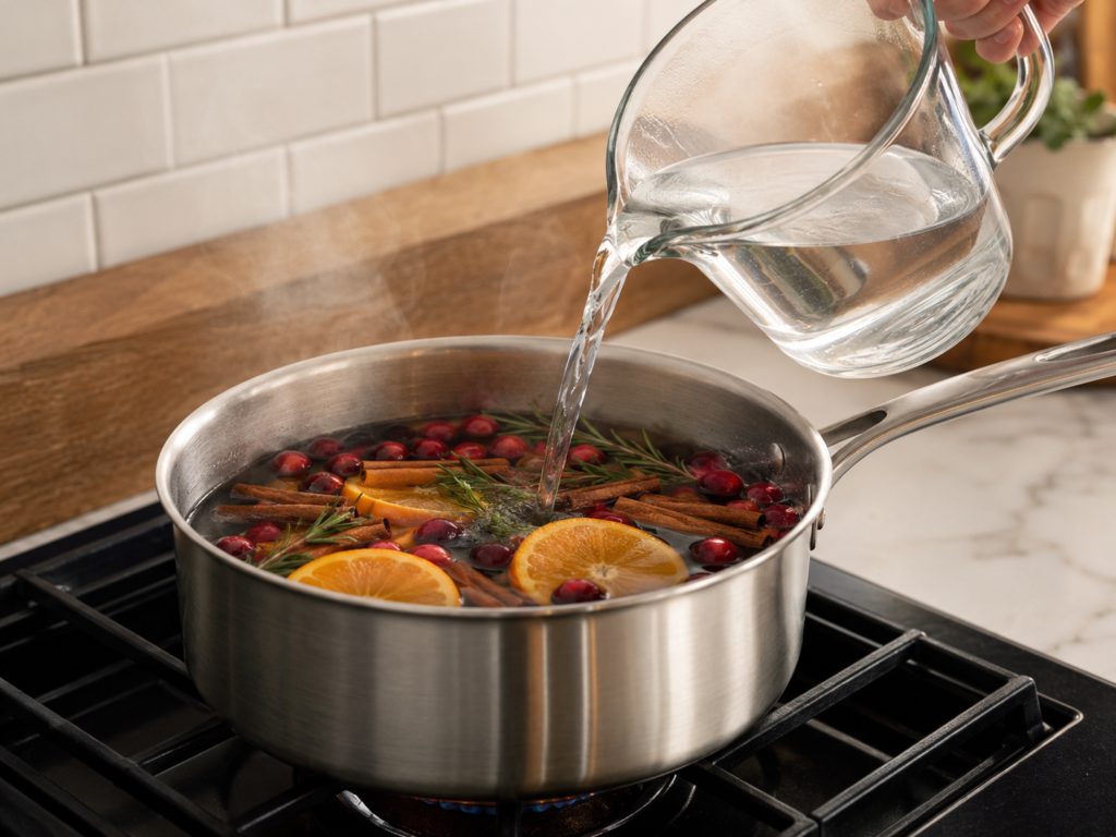 Adding water to a Christmas simmer pot.