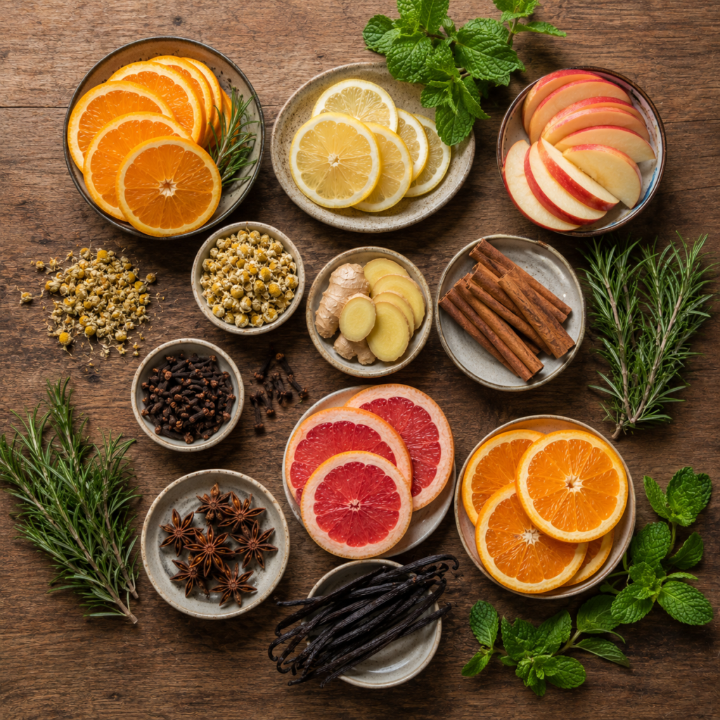 Fresh ingredients for a happiness simmer pot recipe.