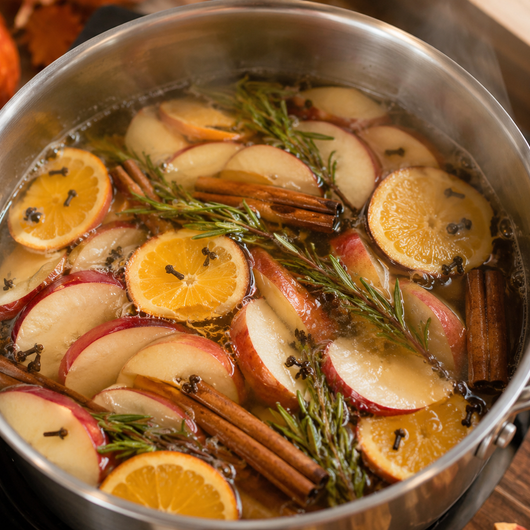Apple slices, orange rounds, cinnamon sticks, cloves, and rosemary simmering in a saucepan for autumn home fragrance.
