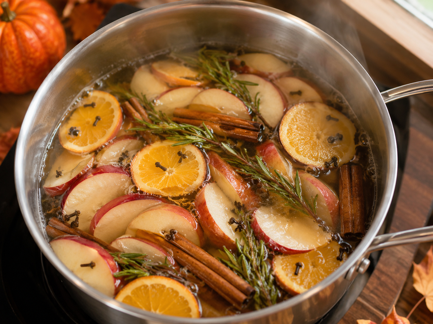 Apple slices, orange rounds, cinnamon sticks, cloves, and rosemary simmering in a saucepan for autumn home fragrance.