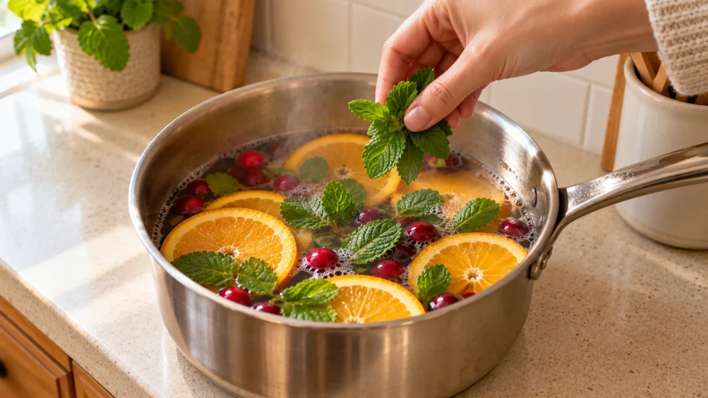 Adding fresh mint to an orange simmer pot