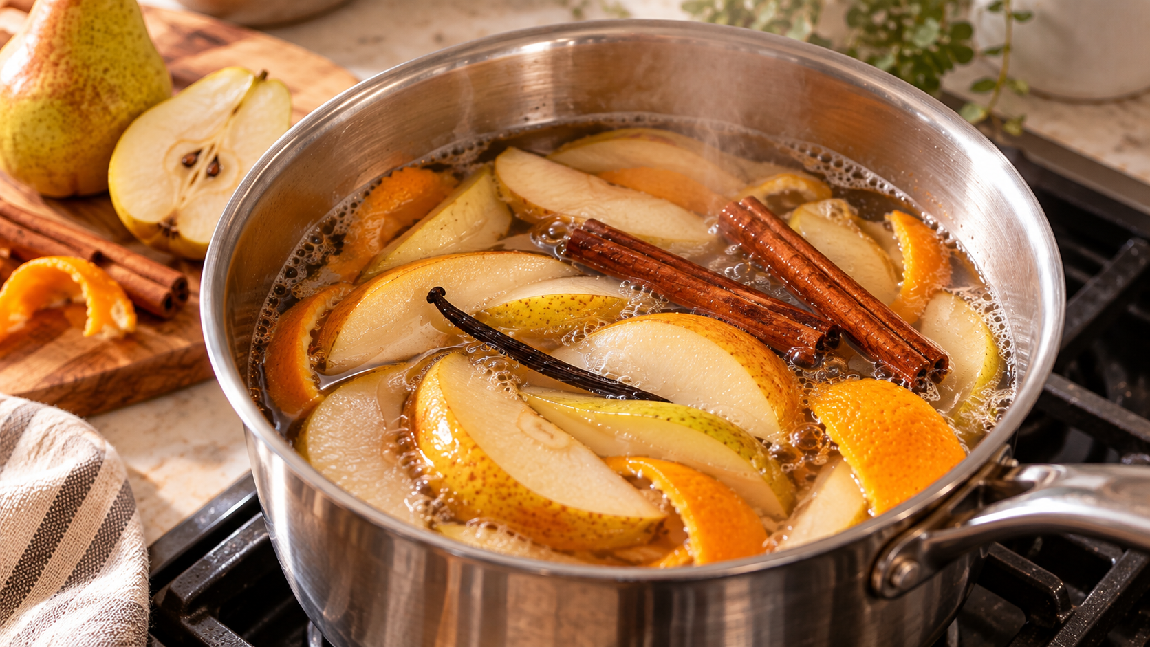 Pear slices, cinnamon sticks, and orange peel gently simmering in a saucepan.