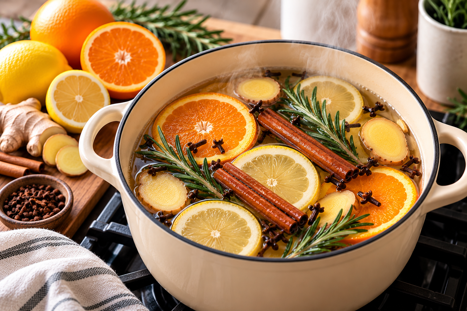 Fresh orange slices, cinnamon sticks, and whole cloves gently simmering in a saucepan for cozy home fragrance.