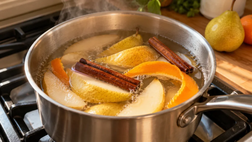 Pears gently simmering