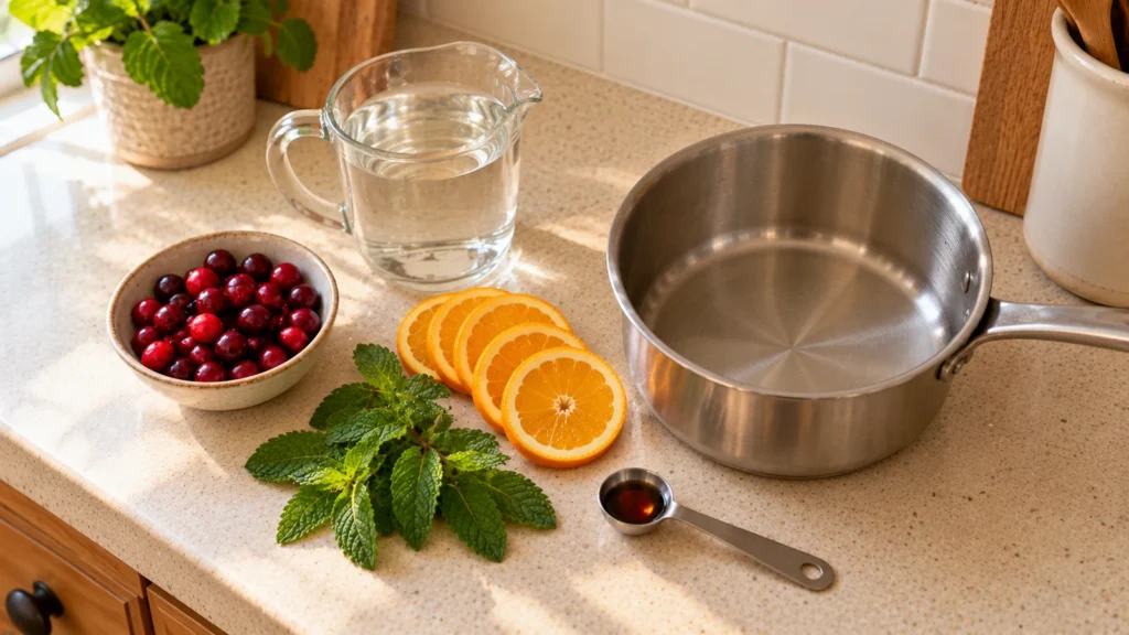 Peppermint simmer pot ingredients with orange and vanilla