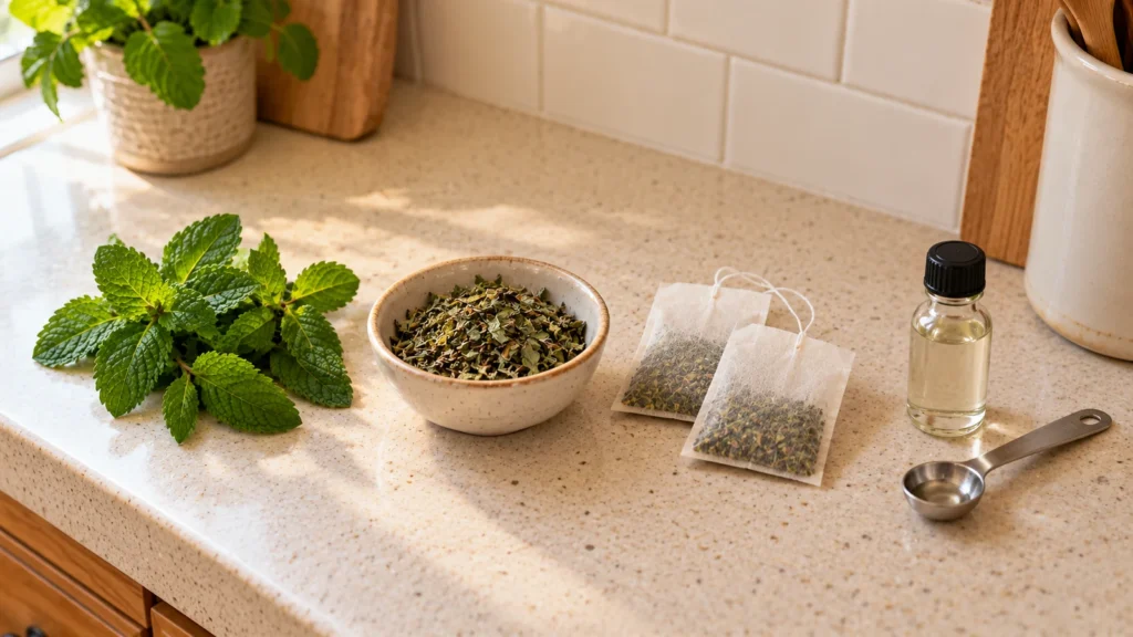 Fresh mint, dried peppermint, tea bags and extract