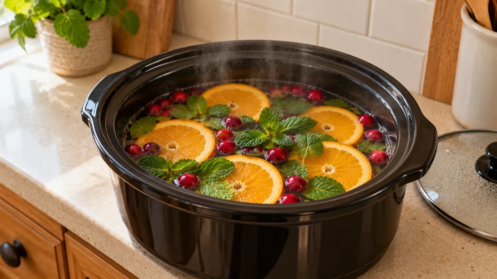 Peppermint orange simmer pot in a slow cooker